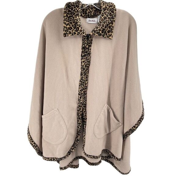 Le Moda Womens Wrap blanket Sweater Leopard Trim Full Zip Pocket Beige Tan One S - Picture 11 of 11